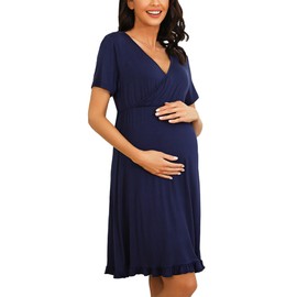 Bresdk Nursing Nightdress Women's Long Sleeve Cotton Winter V Neck Sleepwear Nursing Fashion, Blue short-sleeved