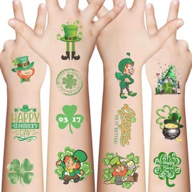 10 Sheets Glitter St Patricks Day Temporary Tattoos for Kids, Birthday Party Favors, Cartoon Decoration Sticker Gifts for Girl Boys Home Activity Class Prizes Carnival Christmas Rewards (Green)