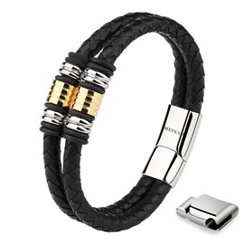Meixao Bracelet for Men Cowhide Genuine Leather Polished Beads Silver Stainless Steel Magnetic Clasp (Silver, 19)
