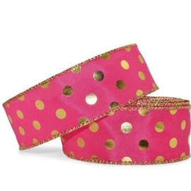 1 Pcs 1 1/2"W Polka Dot Polkadot Wired Ribbon Shiny Gold Pink 25 Feet, Ribbon for Gift Wrapping | #AA120RK