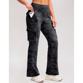 G Gradual Women's Fleece Lined Cargo Pants 6 Pockets Water Resistant Thermal Winter Hiking Flare Leggings for Outdoor (Grey Camo, Inseam 30", XL)