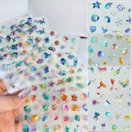 12Sheet Summer Nail Art Stickers 3D Laser Shell Seashell Nail Stickers Self-Adhesive Cute Jellyfish Mermaid Designs Nails Supplies Beach Nails Decals Sea Shell Theme for Women Acrylic Manicure Decor
