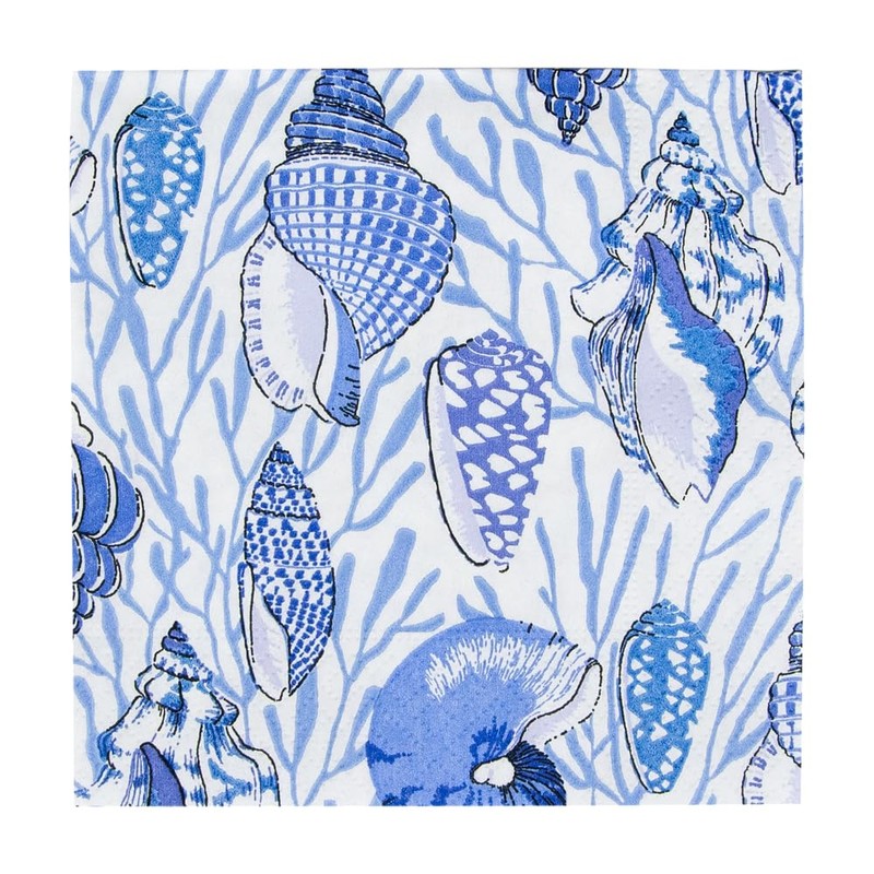 Caspari Shell Toile Paper Cocktail Napkins in Blue - 20