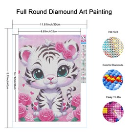 Cute Pink Tiger Diamond Art Painting Kit for Adult Tiger 5D DIY Diamond Art Kit Adult Cartoon Animals Full Drill Round Diamond Painting Kit 12x16inch