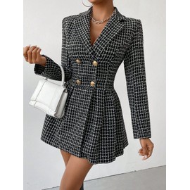 utcoco Women's 2025 Fall Plaid Tweed Dress Notched Lapel Double Breasted Elegant A Line Mini Jackie Dress (X-Small, Black)
