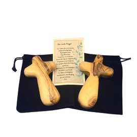 3 ARCHES USA Hand-Carved Two (2) Olive Wood Comfort/Pocket Crosses - 4" Palm-Sized Prayer Crosses from Bethlehem With Velvet Bags And Certificates From Holy Land