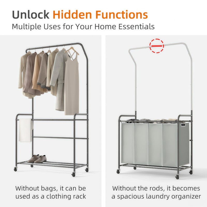 ROMOON Rolling Laundry Basket Organizer with Hanging Clothes Rack: 4