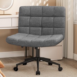 Furnimart Criss Cross Desk Char Wide Seat with Wheels, 360° Swivel Cross Legged Desk Chair Thick Cushion, Comfy Armless Home Office Chair for Bedroom, Vanity, Sturdy (Linen Gray)