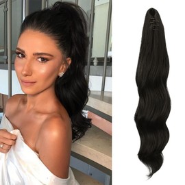 FESHFEN Ponytail Extensions 20 inch Long Wave Ponytail Claw Clip in Pony Tail Hair Extensions Wavy Ponytails with Claw Clip Synthetic Hairpieces for Women Girls Natural Black