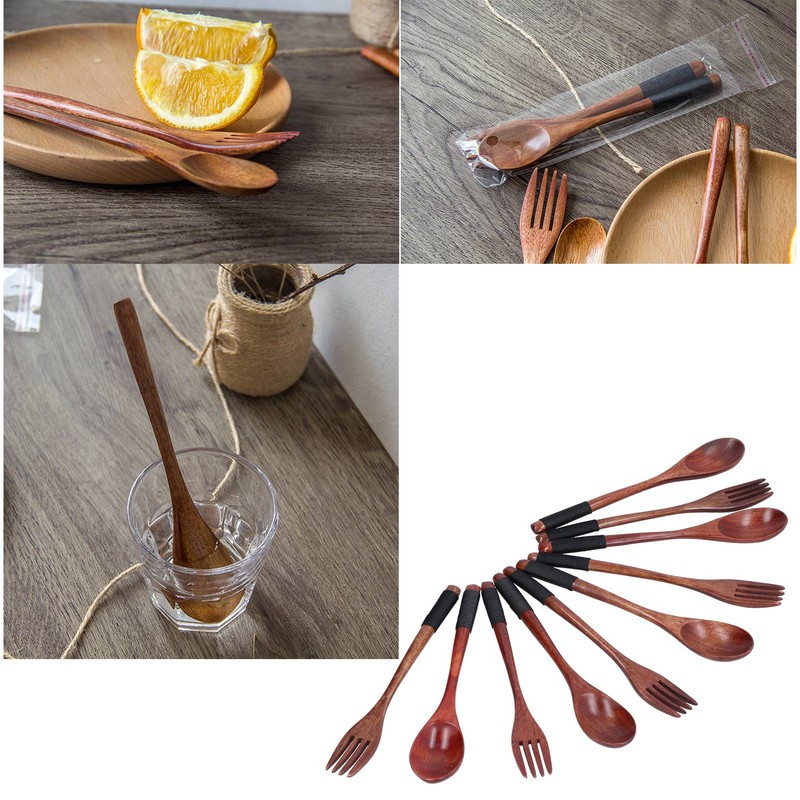 Wooden Tableware Set EcoFriendly Spoon Fork Reusable Hand Made Utensils