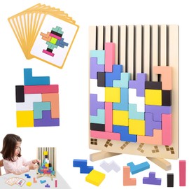 Dandin Wood Stacking Puzzle Toy, 3D Montessori Wooden Stacking Puzzles Toy, Wooden Puzzle Board Geometric Builiding toys, Stress Relief Colorful 3D Blocks with 10 Cards for Adults and Kids