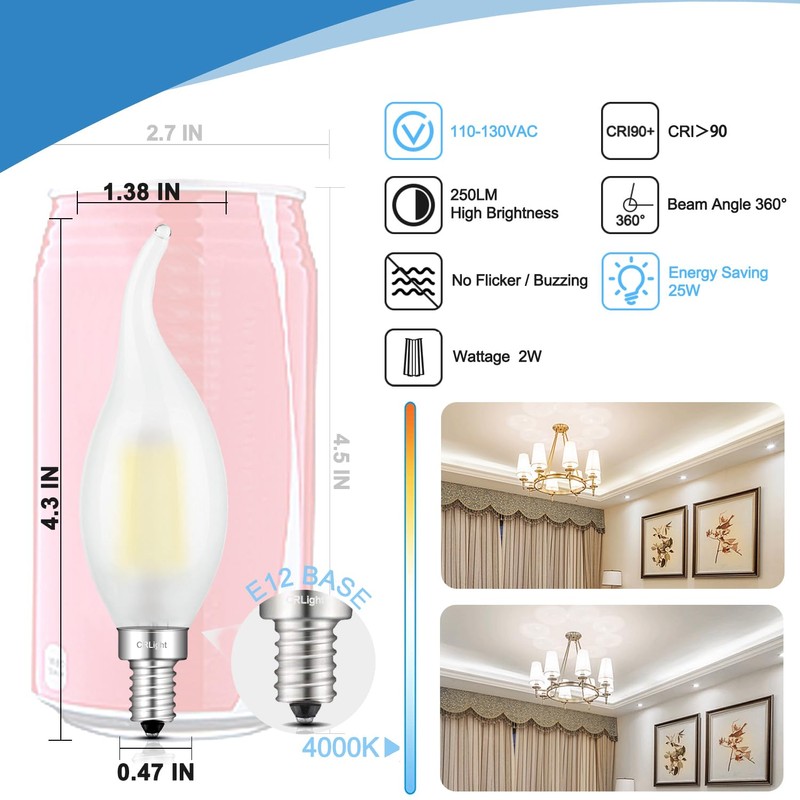 CRLight 2W 4000K LED Candelabra Bulb Daylight White Glow 10