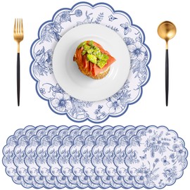 60 Pcs Blue Floral Paper Placemats, 13.5 Inch Disposable Scalloped Flower Placemats Flower Banquet Place Mats Table Placemats Decorative Paper for Table Setting Wedding Banquet Party Supplies (Blue)