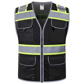 JKSafety Hi-Vis Safety Vest for Men&Women High Visibility Reflective Mesh Construction Work Vest Multi-Pockets PPE ANSI/ISEA compliant (189-Black M)
