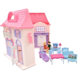 R & S LIMITED Boley: Doll House - Pink & Purple - 16pc Playset - 3 Family Dolls & 12 Furniture Accessories, Foldable & Portable Design, Durable Plastic, Kids 3+
