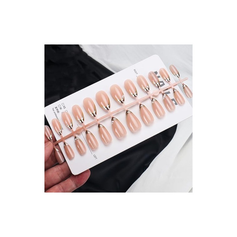 Uñas postizas con punta francesa dorada, almendra, color nude brillante,