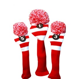 Majek Golf Club Head Covers Driver Metal Fairway Woods Fits up to 460cc Knit Pom Pom Retro Traditional Taylor fit Classic Throwback Vintage Stylish Tour Made Long Neck Sock Headcovers Red & White
