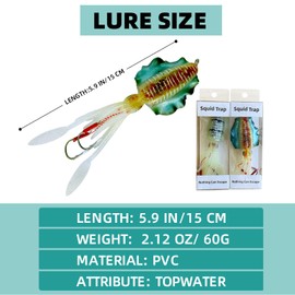 Squid Trap Fishing Lures for Saltwater Soft Artificial Rigged Squid Jig Trolling Lures with UV Glow Sea Offshore Fishing 2pcs 80 garms (C)
