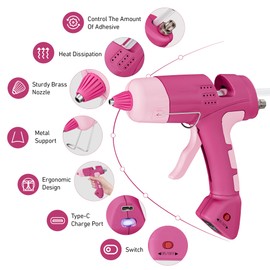 HHieratic Hot Glue Gun with 30 Glue Sticks,20W Rechargeable Pink Hot Glue Gun and Sticks Set,Mini Glue Gun for School Craft DIY Arts,Quick Home Repairs & Decoration