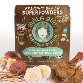 Māla Girl Vegan Mushroom Brainiac Superfood Broth Powder, Instant Soup & Bouillon Base with Porcini, Lions Mane & Reishi Plant-Based Broth for Ramen, Soups, Cooking & On-the-Go Comfort, 4-6 Servings