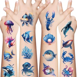 Tazimi Ocean Animals Pre-Cut Temporary Tattoos for Kids-108 Pcs Sea Creature Tattoo Stickers for Boys Girls Under the Sea Party Decorations Aquarium Activity Fish Tattoos Birthday Party Favors