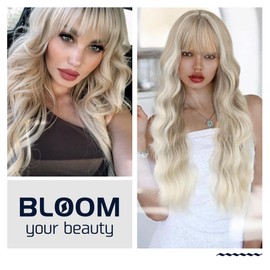 FAELBATY Long Curly Wig Blonde Wig with Fringe Ombre White Gold to Blonde Wig for Women Girls Synthetic Wig Natural Curly Wig Daily Party Wig (T18/60#)