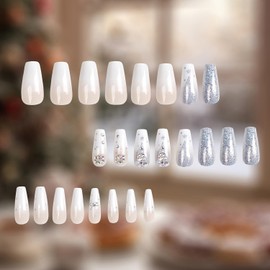 Christmas Press on Nails Square Medium Length, 24Pcs Artificial Silver Glitter Fake Nails with Pearl Rhinestone Designs, Winter Glossy Full Cover False Nails Acrylic Holiday Fingernails for Women