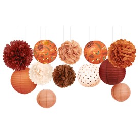 Fall Wedding Decorations, 12 PCS Carmine Rust Orange Brown Tissue Pom Poms and Paper Lanterns for Rustic Classical Wedding, Retro Bridal Shower, Fall Baby Shower Party