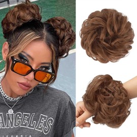 YOSILADY Messy Bun Hair Piece Human Hair Black Hair with Elastic Band Scrunchies Stretchy Fluffy Chignon Ponytail Hairpieces Updos for Women Girls (30#/Medium Brown, Curly)