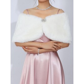 EASEDAILY Women's Fur Shawls and Wraps Wedding Fur Stole Faux Bridal Fur Shrug Winter Fur Cover Up with Brooch for Bride (Medium, A-white rabbit fur)