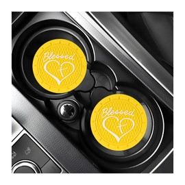 KVAEY 2 PCS Car Cup Holder Coaster, 2.76 Inch Anti Slip Vehicle Drink Mat with Cute Blessed Cross and Heart, Shockproof Cup Holder Coaster for Most Cars, Universal Car Accessories (Yellow)