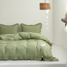 Simple&Opulence 100% Linen Duvet Cover Set, 3 PCS Natural French Flax Sage Green Ruffle Duvet Cover Queen Size, Breathable Comfy Linen Bedding Comforter Cover with 2 Pillowcases(Sage Green, 88" X 92")