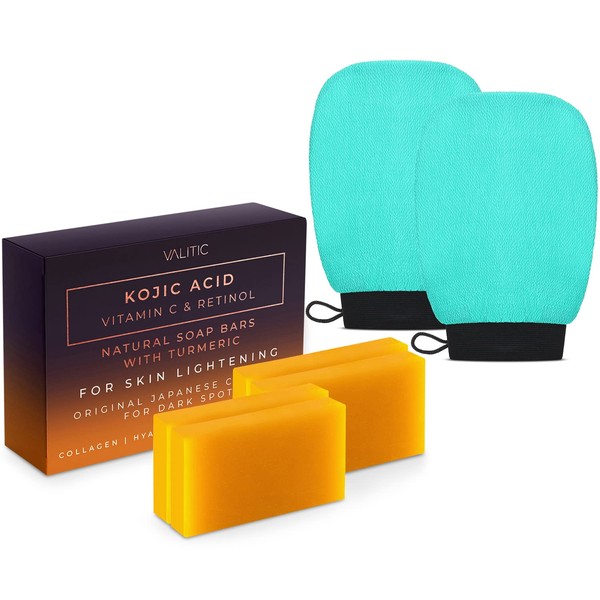 VALITIC 4 Pack Kojic Acid Vitamin C & Retinol Soap Bars for Dark Spot & A Pair Of Turquoise Exfoliating Gloves for Body Scrubs
