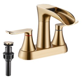 Yundoom 4 Inch Centerset Bathroom Faucet - Brushed Gold Waterfall 2 Handle, 3 Hole Sink Faucet with 360° Swivel Spout & Pop Up Drain