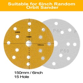 STEBRUAM 150mm Sanding Discs,Hook and Loop 60/80/120/180/400 Grits 15 Hole 6Inch Round Pads for Random Orbital Sander Pads and All Oscillating Tools