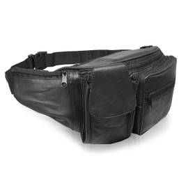 Roamlite Extra Large Bumbag - Leather XL Bum Bag - 34 to 52 Inch Waist - 6 Pockets - Phone Pocket - Holidays, Travel, Festivals - 24 cm Black - RL276K