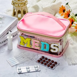 Neceser de Letra de Chenilla Bolsa de Maquillaje de Nailon Portátil Bolsa de Cosméticos de Parche Preppy con Cremallera Cosmetiquera de Almacenamiento de Artículos de Aseo (Rosa, Chic MEDS)