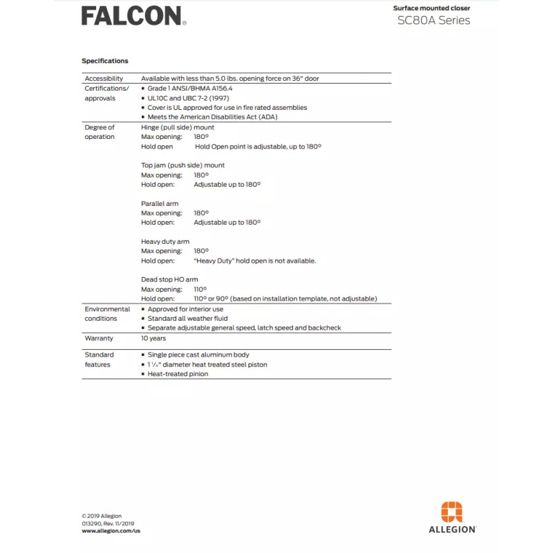 Falcon $281 Falcon SC81A RW/PA Door Closer | DA Cylinder