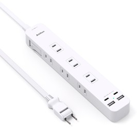 Extension Cord, 3.3 ft (1 m), Power Strip with USB Charging, 6 AC Outlets, 2 USB Ports, 2 Type-C Ports, Bulk Switch, Table Tap, Power Cord, Thunder Guard OA Tap, Wall Hanging/Tabletop, 18 Months
