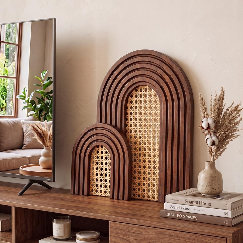 2 Sets Wooden Arch Decor Rattan Shelf Boho Wall Decor