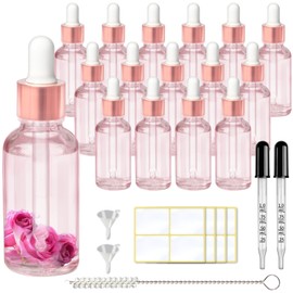 Asherxin 1oz Glass Dropper Bottle with Dropper 16 Pack 30ml Rose Red Glass Bottles with 2 Funnels & 2 Extra Glass Measured Pipette &1 Cleaning Brush & 16 Labels for Essential/Cosmetic/Body Oils/Travel