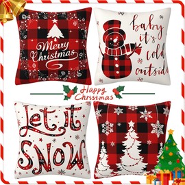 AUMA Set of 4 Christmas Throw Pillow Covers 18x18 inch Christmas Winter red Black Plaid Check Decorative Pillow Cover Garden Cushions for Couch Home Farmhouse Decor
