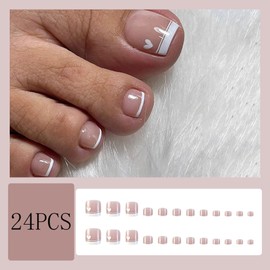 24 Pcs CEWEWP French Press on Toenails for Women Short Toe False Nails Full Cover Toe nail Press ons Fashion Nails Love Heart Fake toenails Acrylic Design Stick on Toenails