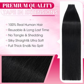 MY-LADY Invisible Tape in Hair Extensions Human Hair - 20pcs Remy Straight Real Hair #1 Jet Black - 22 Inch 50g