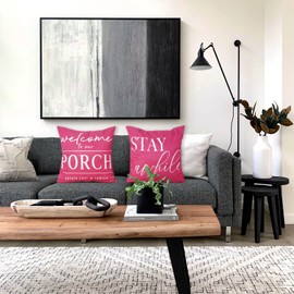 TAJWE Pink Outdoor Pillow Covers Waterproof 18x18 Set of 2 Decorative Welcome to Our Porch Stay Awhile Cushion Cases for Patio Furniture Sofa Couch Decor