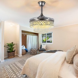 FINE MAKER 42" Crystal Fandelier Ceiling Fan with Light and Remote, Modern Silver Retractable Ceiling Fan with Reversible Blades 3 Colors Change Chandelier Fan for Dinning Room Bedroom