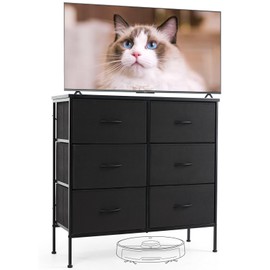 Sweetcrispy Dresser for Bedroom, TV Stand, 6-Drawer Fabric Storage Cabinet with Open Shelves, Console Table, Entertainment Center and Closet Organizers for Living Room Furniture, Black
