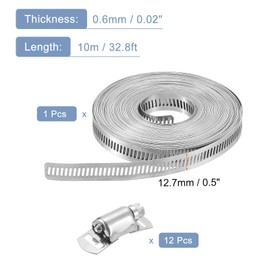 sourcing map 304 Stainless Steel Hose Clamps, Cut-to-Fit 32.8 ft Metal Strap + 12 Stronger Fasteners Kit, Adjustable Worm Gear Band Hose Clamps for DIY Intercooler Pipe Plumbing Tube Fuel Line