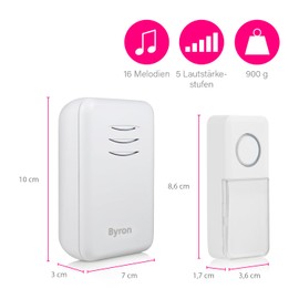 Byron Doorbell + Bell Push Radio Chime - 16 Melodies - Wireless Bell Set - Name Plate - DBY-22311NP