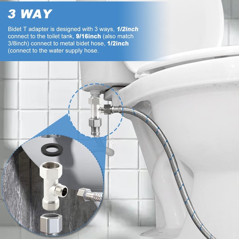Bidet T Adapter, 3 Way Adapter or Tee Connector (Thread